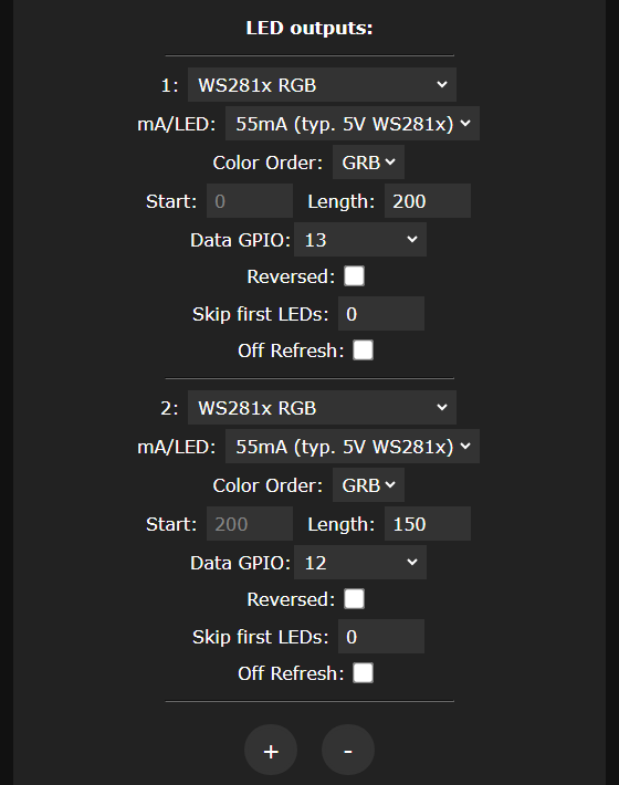 Two WS281x outputs configured on the LED settings page