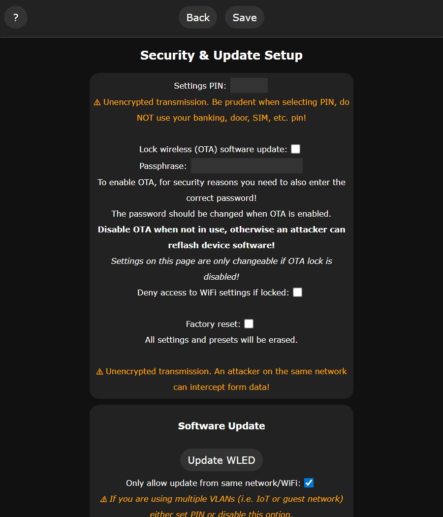 Security settings page