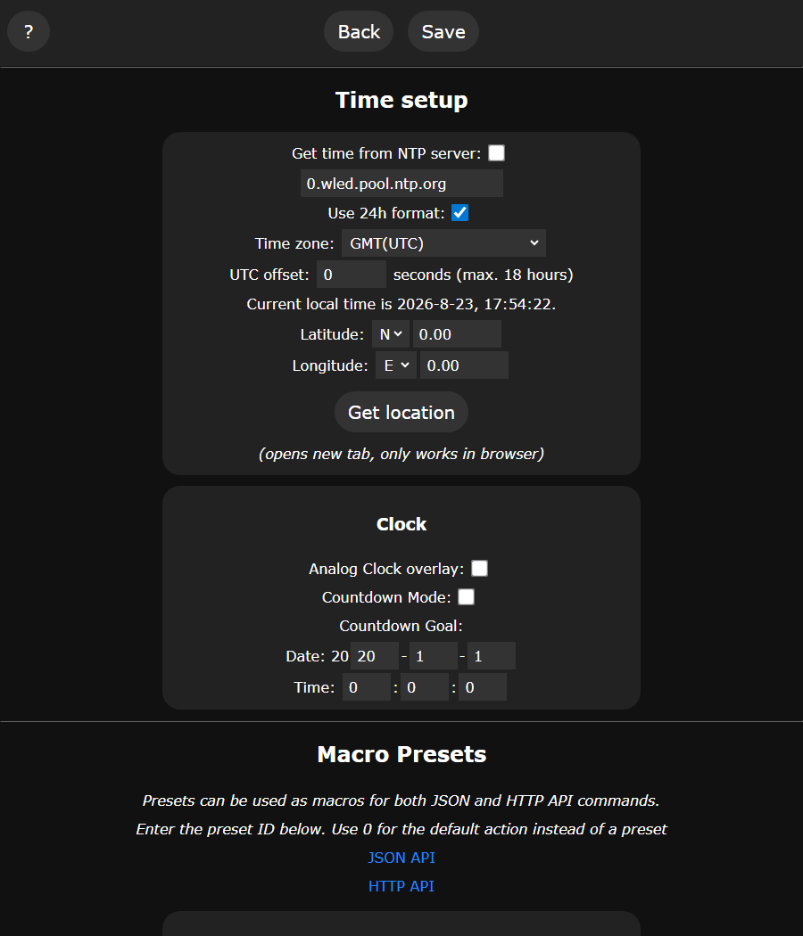 Time settings page