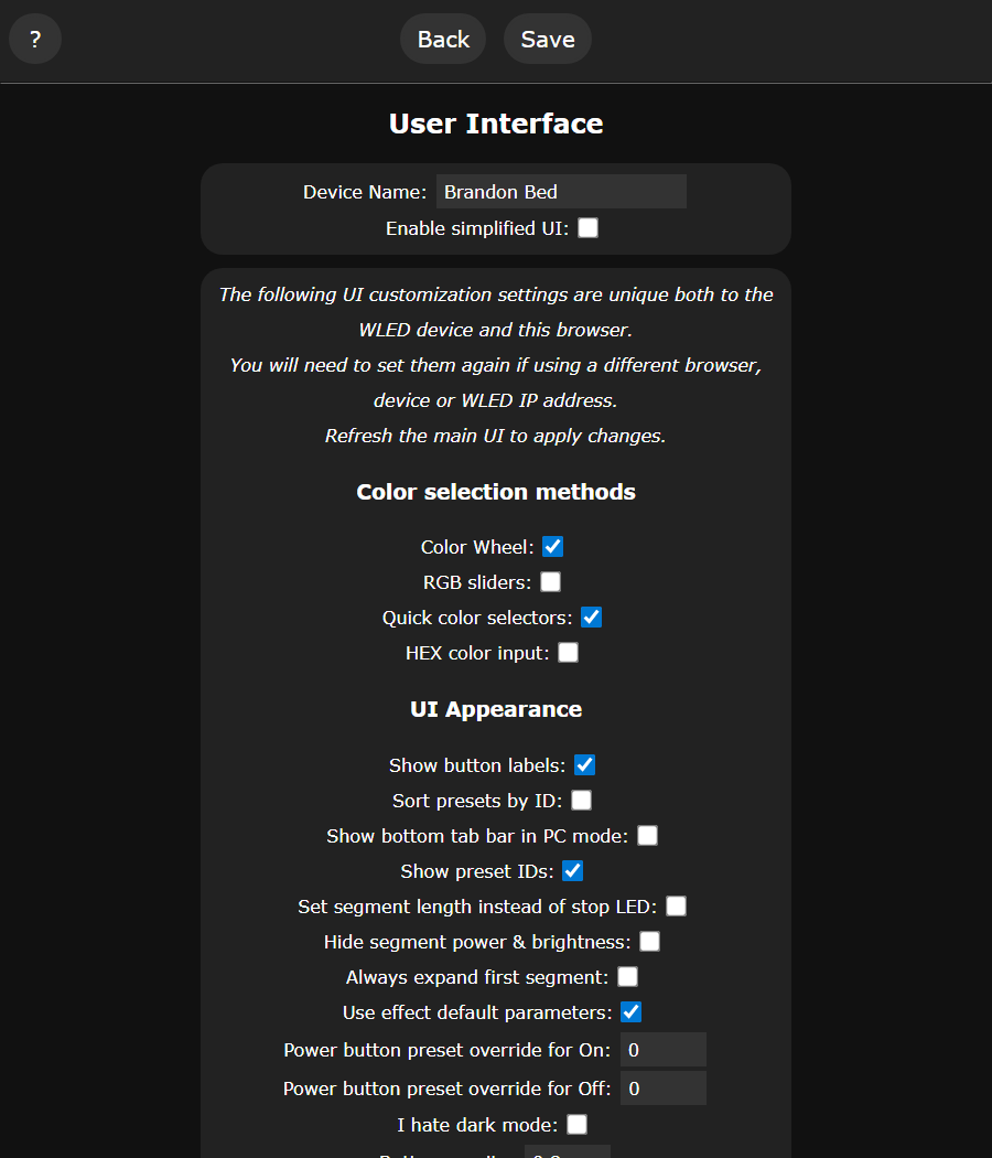 User Interface settings page