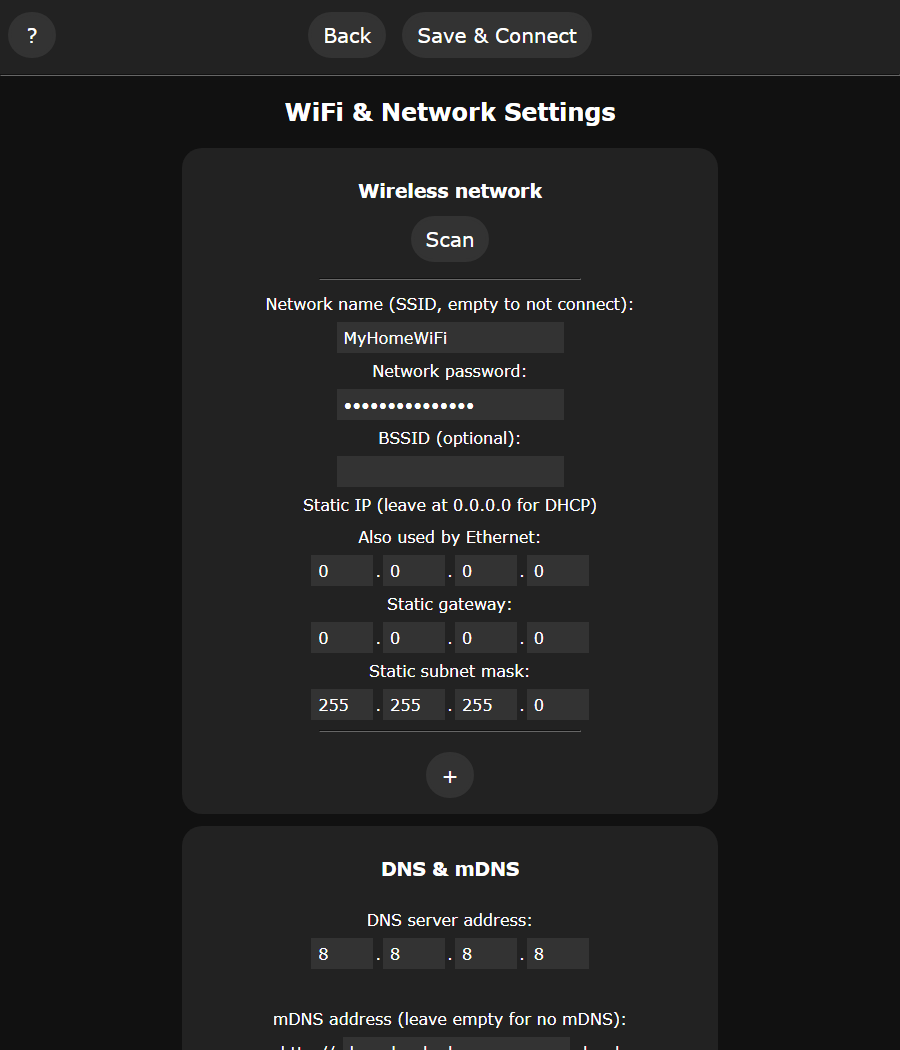 WiFi settings page